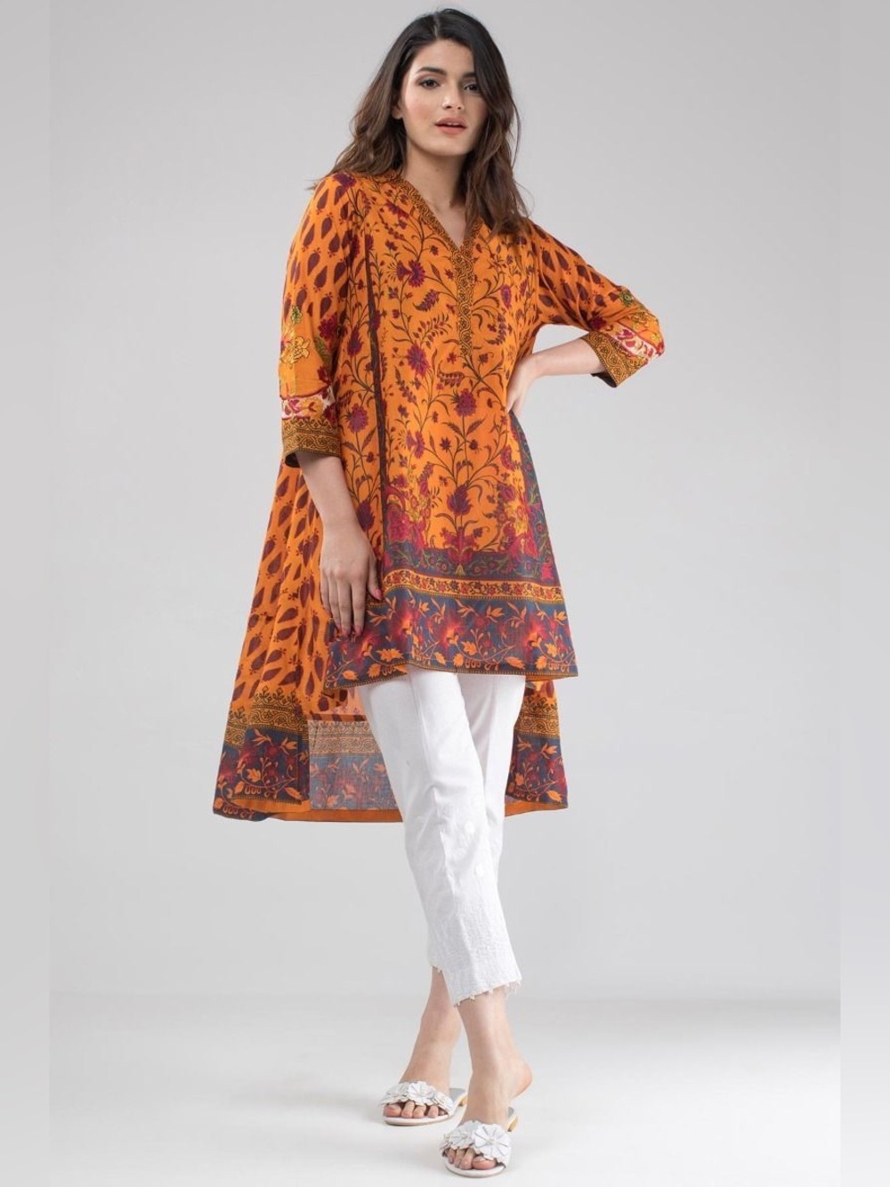 Khaadi Orange Printed Kurta Tunic with Maroon Motifs